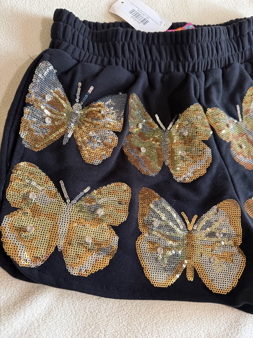 QUEEN OF SPARKLES Black High-Waist Sequin Butterfly Shorts - Picture 3 of 10
